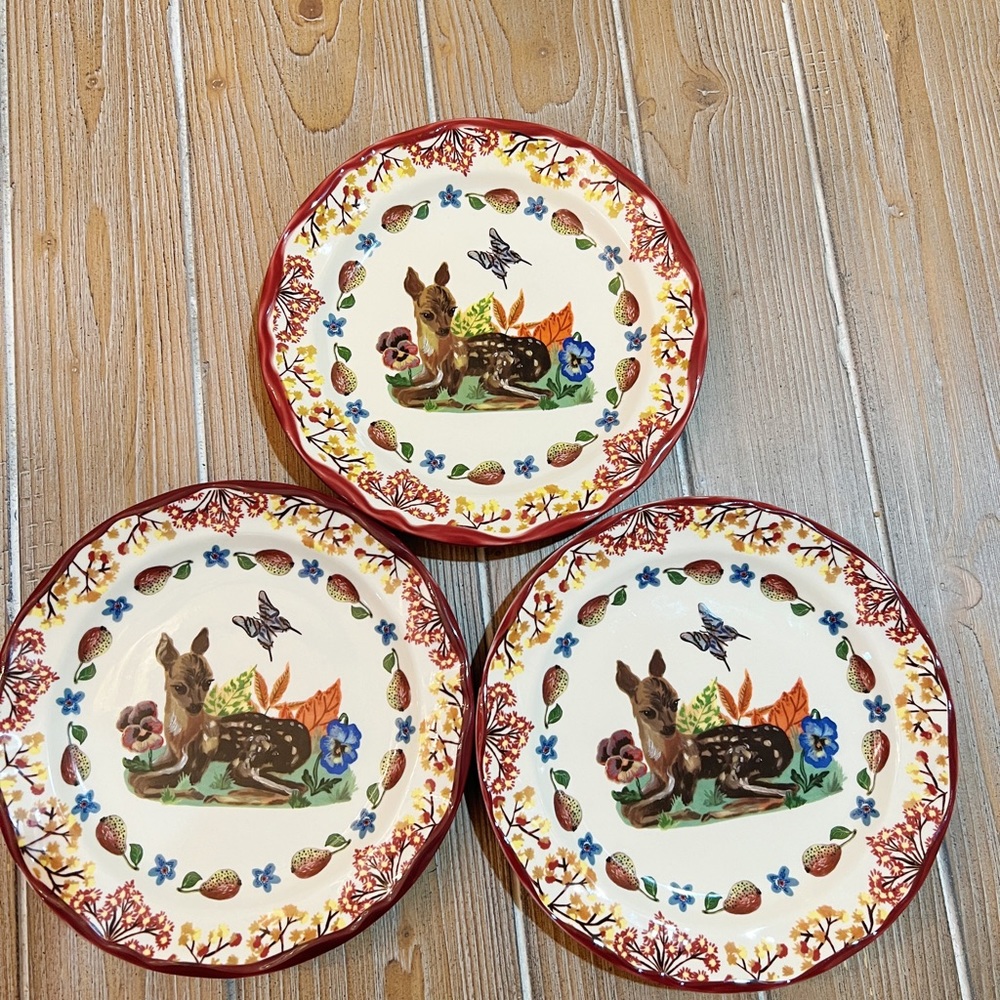 SET of 3 Anthropologie Natalie Lete fawn deer floral desert plate